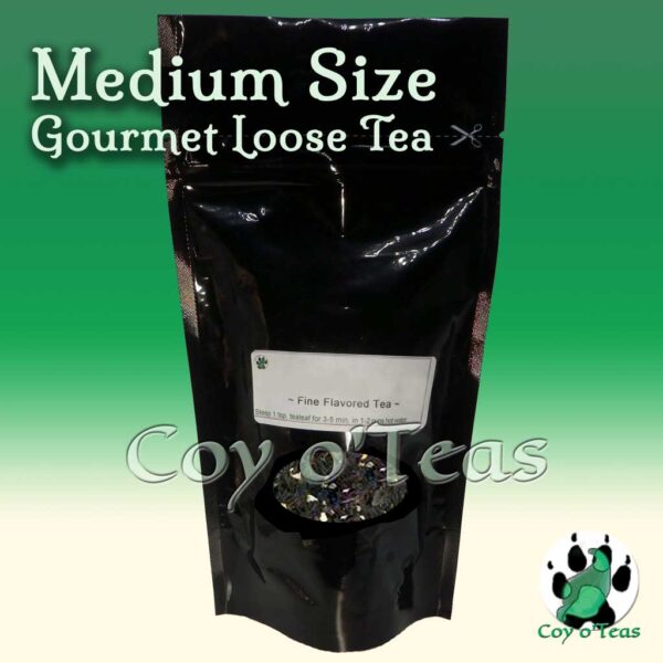coyoteas medium size gourmet tea - vacuum-sealed, airtight resealable package with window. Makes about 40+ brewed cups. Image©2023 A.M. Coy, All Rights Reserved.