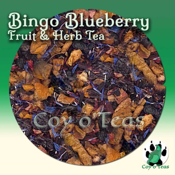 coyoteas store Bingo Blueberry tea fruit and herb premium gourmet tea. Image©2023 A.M. Coy