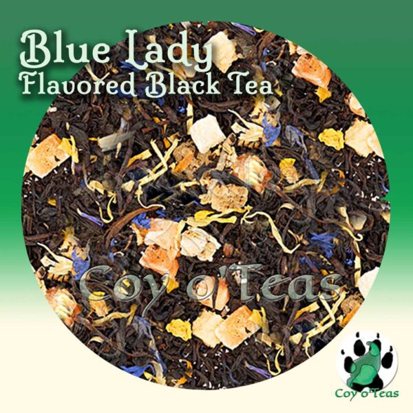 coyoteas store Blue Lady tea flavored black premium gourmet tea. Image©2023 A.M. Coy. Citrus tea, tasty tropical tea