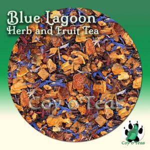 coyoteas store Blue Lagoon tea herb and fruit flavored premium gourmet tea. Image©2023 A.M. Coy. lagoon, tropical tea