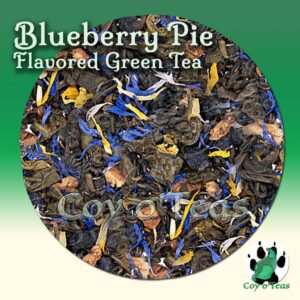 coyoteas store Blueberry Pie tea flavored green premium gourmet tea. Image©2023 A.M. Coy. blueberries, fruit, berry