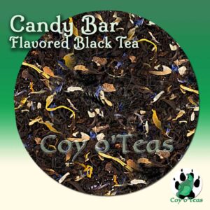coyoteas store Candy Bar tea flavored black premium gourmet tea. Image©2023 A.M. Coy. chocolate caramel drizzle dessert tea