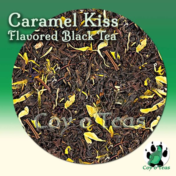 coyoteas store Caramel Kiss tea flavored black premium gourmet tea. Image©2023 A.M. Coy. candy dessert tea