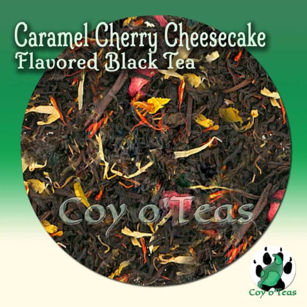 coyoteas store Caramel Cherry Cheesecake tea flavored black premium gourmet tea. Image©2023 A.M. Coy. candy dessert tea, caramel cherries cheesecake coyoteas