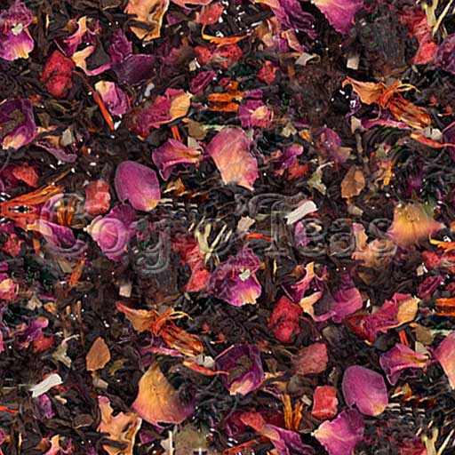 coyoteas store Cherry tea flavored black premium gourmet tea. Image©2023 A.M. Coy. fruit tea rose petals, cherry romance tea