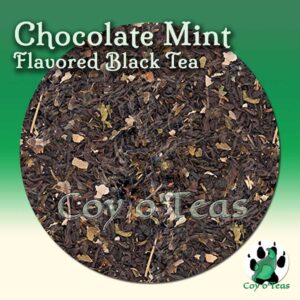 coyotea store Chocolate Mint tea flavored black premium gourmet tea. Image©2023 A.M. Coy. candy dessert tea