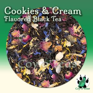 coyoteas store Cookies and Cream tea flavored black premium gourmet tea. Image©2023 A.M. Coy. cookies dessert tea