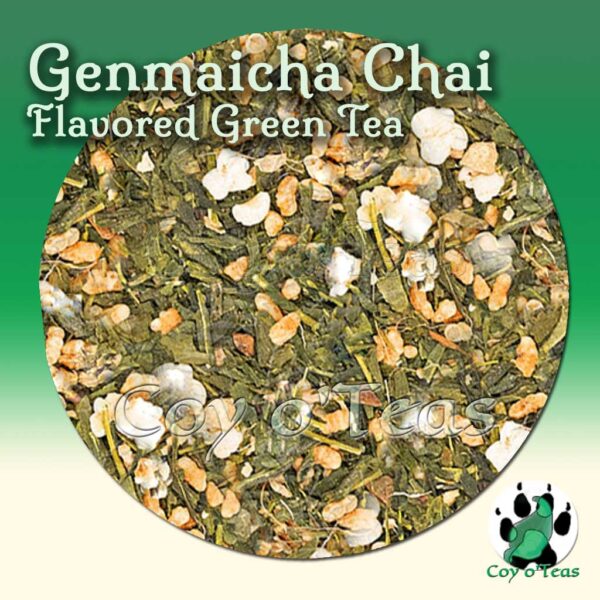 coyoteas store Genmaicha Chai tea flavored green gourmet tea. Image©2023 A.M. Coy. popcorn rice