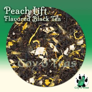 coyoteas store Peach Lift flavored black premium gourmet tea from Coy o'Teas. Image©2023 A.M. Coy. peach tea, peaches, fruit tea