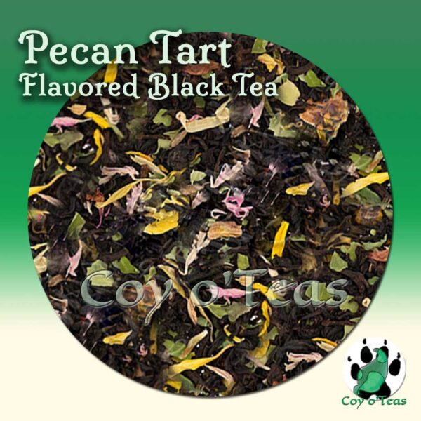 coyoteas store Pecan Tart flavored black premium gourmet tea from Coy o'Teas. Image©2023 A.M. Coy. nuts, nut, pecans, nut tea, pecan tea