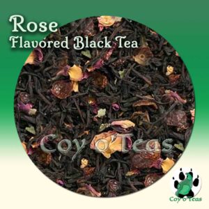 coyoteas store Rose tea flavored black premium gourmet tea from Coy o'Teas. Image©2023 A.M. Coy. roses floral tea