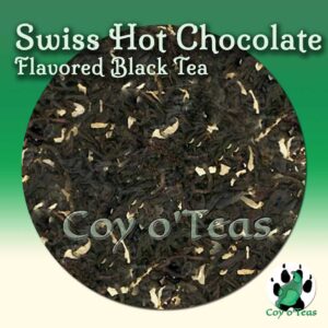 coyoteas store Swiss Hot Chocolate tea flavored black premium gourmet tea from Coy o'Teas. Image©2023 A.M. Coy. cocoa tea