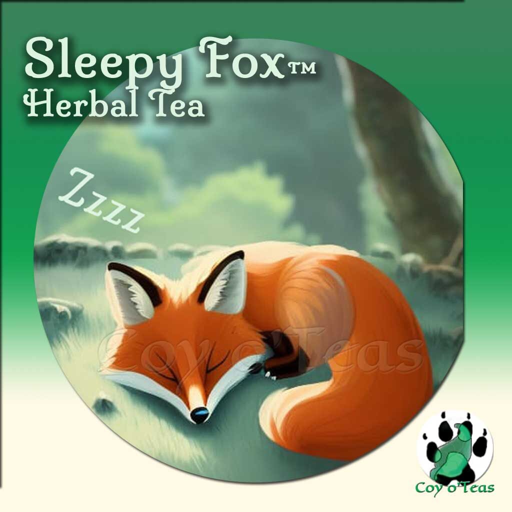 coyoteas store Sleepy Fox tea herbal tea from Coy o'Teas. Image©2023 A.M. Coy.