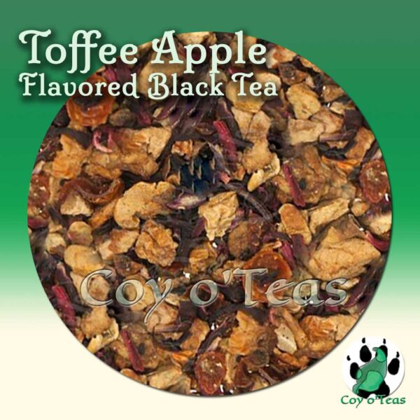 coyoteas store Toffee Apple tea flavored black premium gourmet tea from Coy o'Teas. Image©2023 A.M. Coy. candy dessert tea